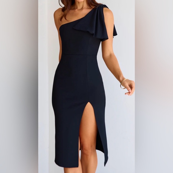 Hello Molly Event Season Ready One Shoulder Midi Dress Black Size 8 NWT IN PKG - Picture 2 of 10